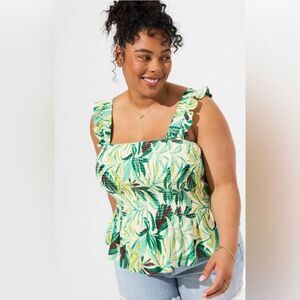 Torrid Green Tropical Floral Print Crinkle Gauze Smocked Tank Top